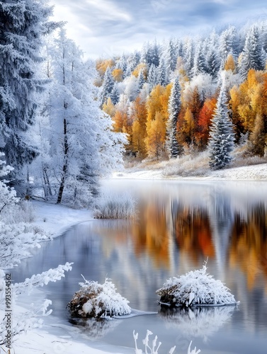 Enchanting Autumnal Forest Landscape Reflected in Serene Frozen Lake