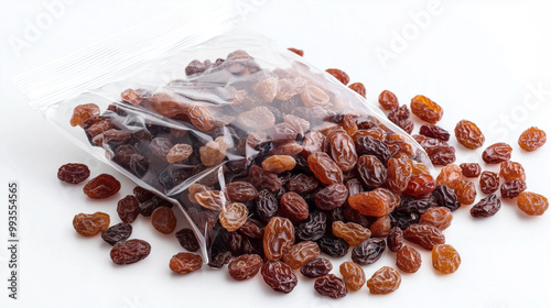 Lying Down Transparent Bag of Raisins, Emphasizing Sweet and Healthy Snack.