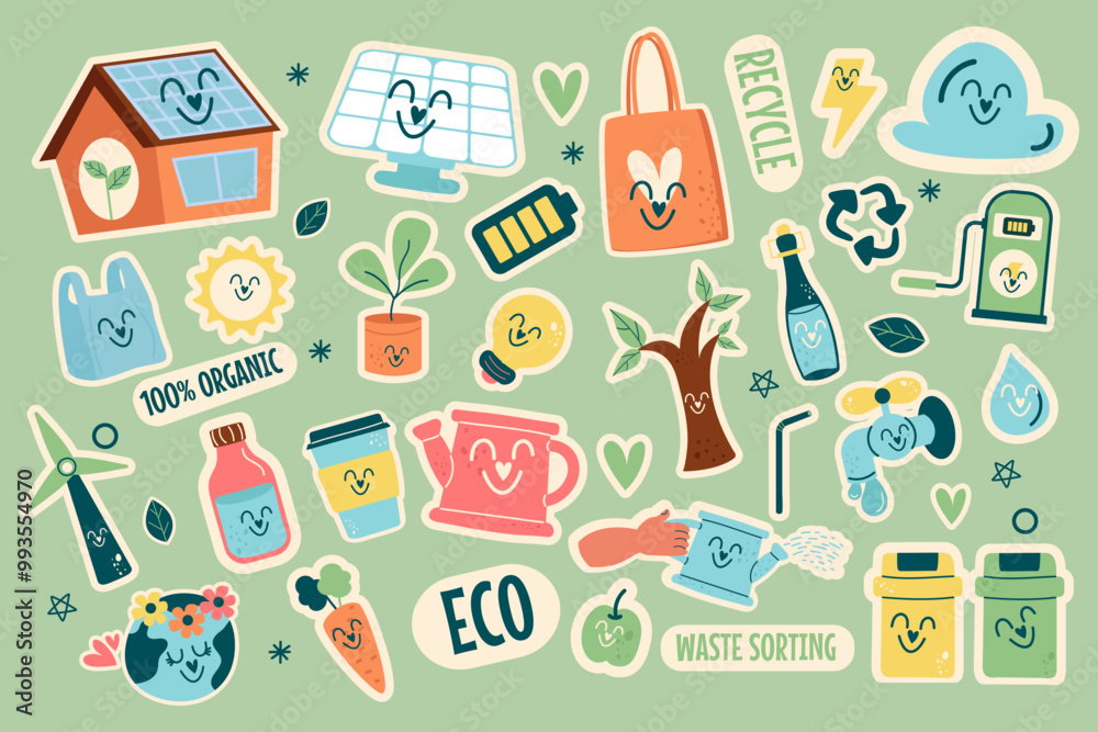 Collection kawaii stickers eco friendly cute elements flat design Collection kawaii stickers eco friendly cute elements flat design