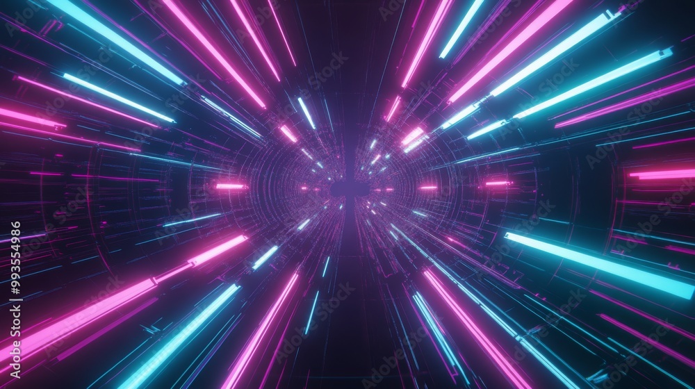 Naklejka premium Neon lights accentuate the vibrant, deep-perspective corridor, creating a striking modern sci-fi atmosphere.