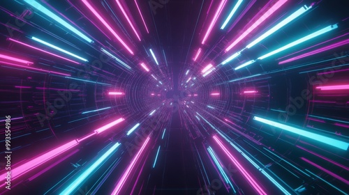 Neon lights accentuate the vibrant, deep-perspective corridor, creating a striking modern sci-fi atmosphere.