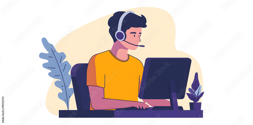 Young man working in customer service wearing a headset flat illustration isolated on background Young man working in customer service wearing a headset flat illustration isolated on background