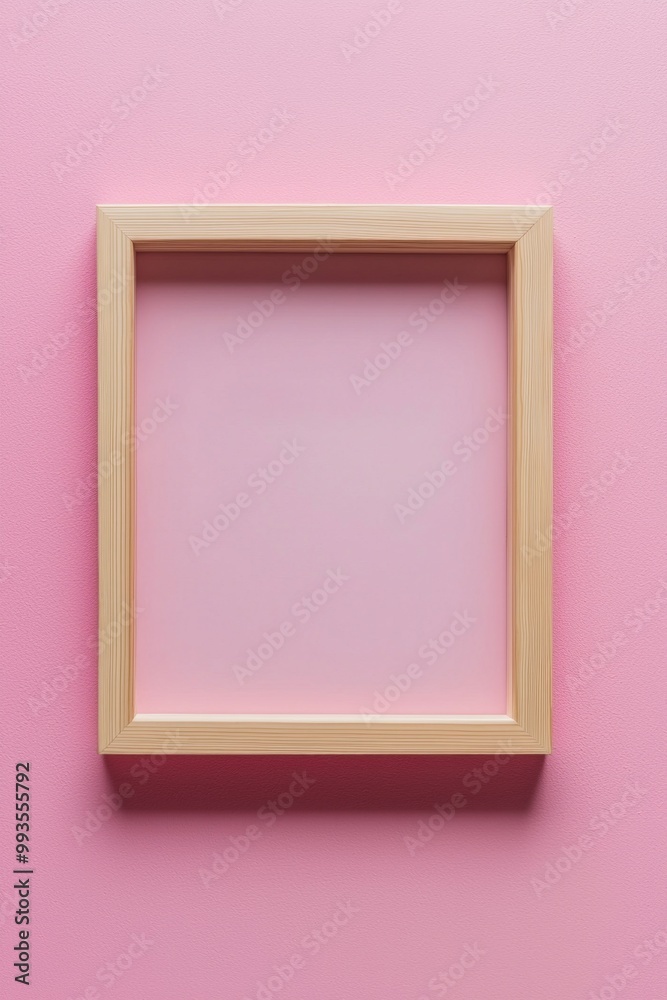 A pastel pink background with a simple wooden frame in the center, its blankness contrasting the softness of the color. A pastel pink background with a simple wooden frame in the center, its blankness contrasting the softness of the color.