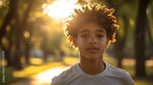 Mixed-race teen jogging in the park, sun-drenched pathway, determined expression, mental health focus, outdoor summer exercise, sunny day photo