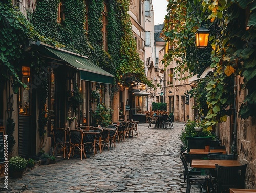 Cobblestone Street Cafe in Europe with Vines and Streetlamp