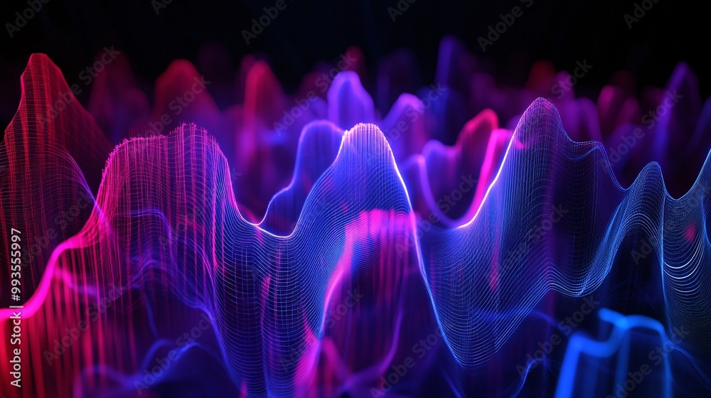 Fototapeta premium Futuristic Holographic Sound Waves in Dark Void - Ethereal 3D Background Music Concept