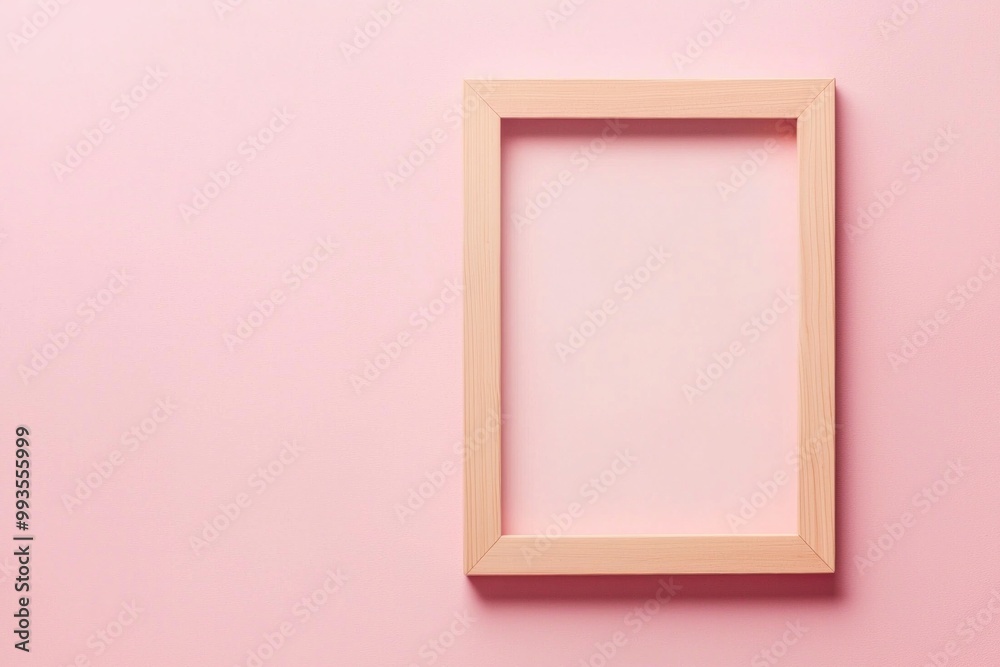 A pastel pink background with a simple wooden frame in the center, its blankness contrasting the softness of the color. A pastel pink background with a simple wooden frame in the center, its blankness contrasting the softness of the color.