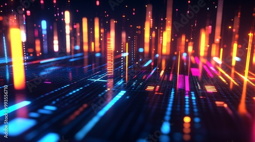 Vibrant 3D Equalizer Bars Illuminating Dark High-Tech Environment - Digital Music Concept