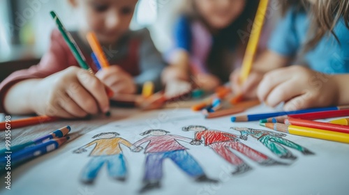 Children engaging in creative drawing with colorful crayons and pencils at a bright classroom during a fun art activity