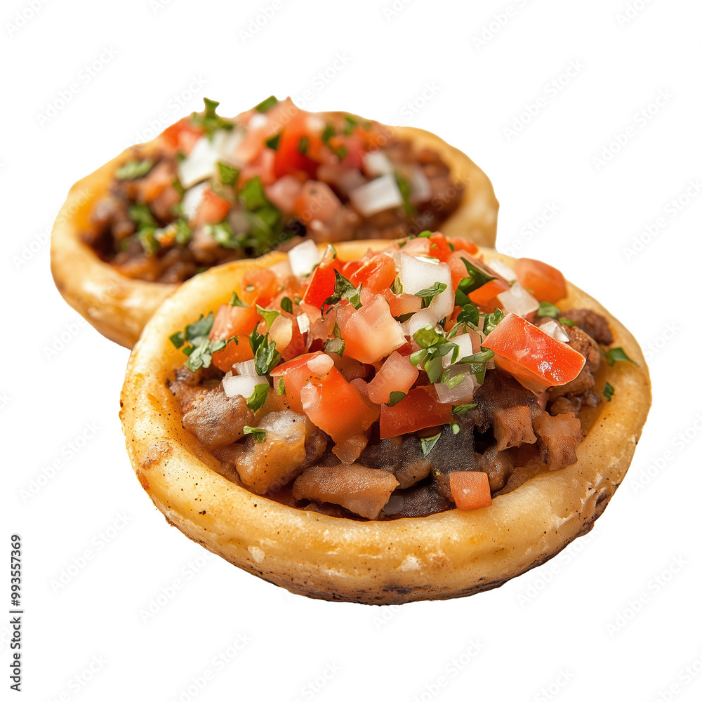 Sope Traditional Mexican Appetizer on transparent Background, Fried Dough with Beans, Lettuce, Tomatos, Peppers, Cheese Sope Traditional Mexican Appetizer on transparent Background, Fried Dough with Beans, Lettuce, Tomatos, Peppers, Cheese