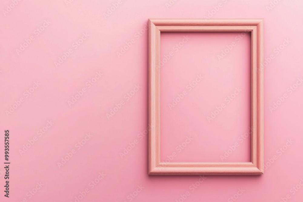 A pastel pink background with a simple wooden frame in the center, its blankness contrasting the softness of the color. A pastel pink background with a simple wooden frame in the center, its blankness contrasting the softness of the color.