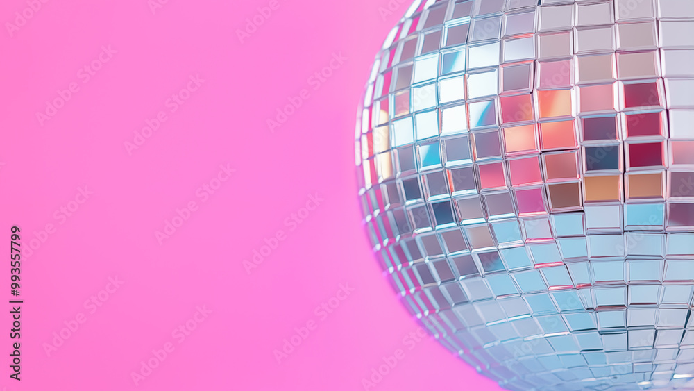 Fototapeta premium Disco ball isolated on a pink background with space for text. Minimal concept of nightlife, entertainment, club party, New year or christmas celebration. Creative invitation card.