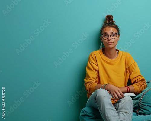 Casual Young Woman Against Aqua Wall in Relaxed Pose Holding a Notebook