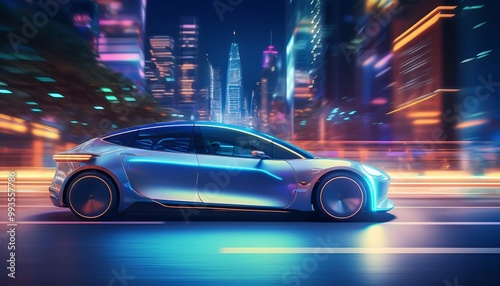 Electric Car Speeding Through a City Street at Night, Captured in Motion with Blurred Lights from Surrounding Buildings and Streetlights, Creating a Futuristic and Dynamic Urban SceneElectric Car Spee photo