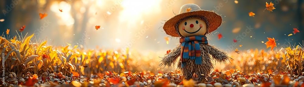 Cheerful scarecrow in a vibrant autumn field, perfect for Thanksgiving and Halloween-themed decor or marketing, evoking a nostalgic harvest atmosphere. Cheerful scarecrow in a vibrant autumn field, perfect for Thanksgiving and Halloween-themed decor or marketing, evoking a nostalgic harvest atmosphere.