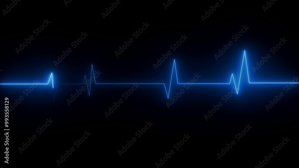 Heartbeat neon line. Blue colorful heartbeat rate and pulse on black screen. Neon heartbeat pulse line icon.