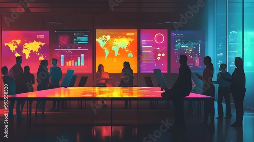 A vibrant illustration of diverse people working together in an open office, surrounded by digital screens displaying global maps