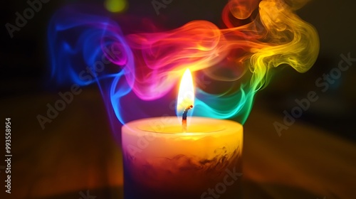 A single lit candle with colorful smoke rising from the flame.