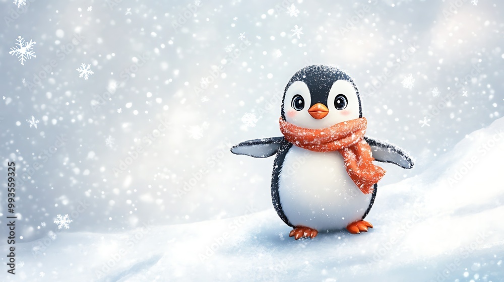 A cute cartoon penguin wearing a red scarf stands in the snow. A cute cartoon penguin wearing a red scarf stands in the snow.