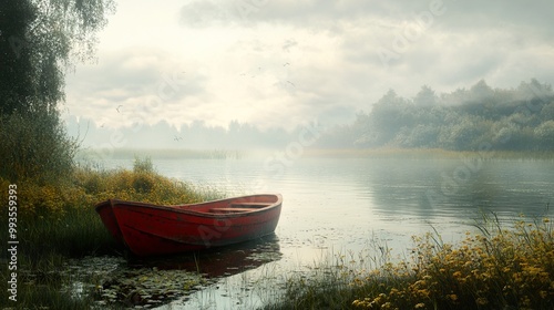 Tranquil Lake with Fog and Red Rowboat - Peaceful Nature Scene