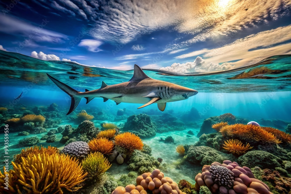 Fototapeta premium Stunning HD Wallpaper of a Majestic Shark Swimming in Crystal Clear Ocean Waters Above Coral Reef