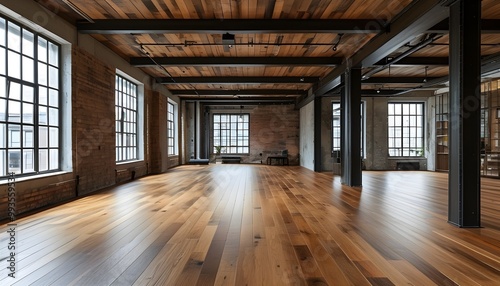 Stylish Industrial Loft with Parquet Flooring and Expansive Windows Showcasing Contemporary Elegance and Urban Charm