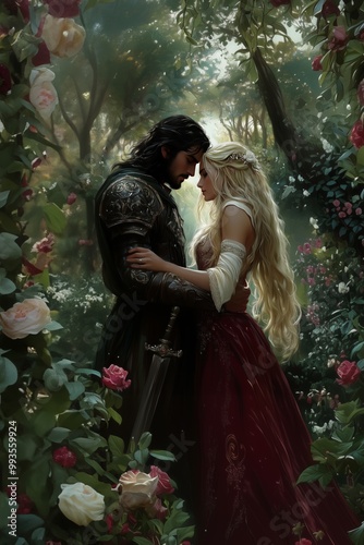 A romantic embrace between a knight and a lady in a lush enchanted forest during twilight