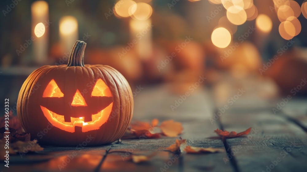 Fototapeta premium An empty scene featuring a blurred background with soft-focus pumpkin carvings and a blank message board, creating an ideal product mockup space,