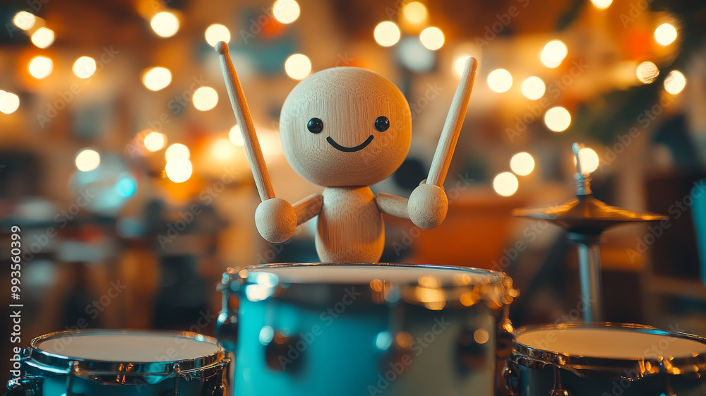 Naklejka premium Smiling toy drummer playing drums with a bokeh light background.