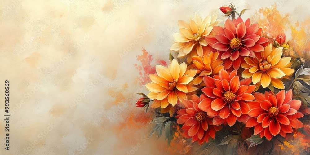 Bright flowy dahlia flowers in fire colors with plenty of negative space Bright flowy dahlia flowers in fire colors with plenty of negative space