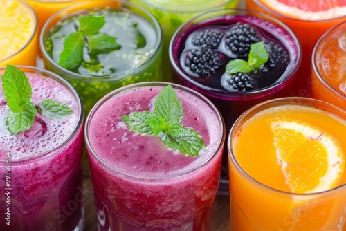 A close-up of colorful smoothies with fresh fruit and mint garnish.