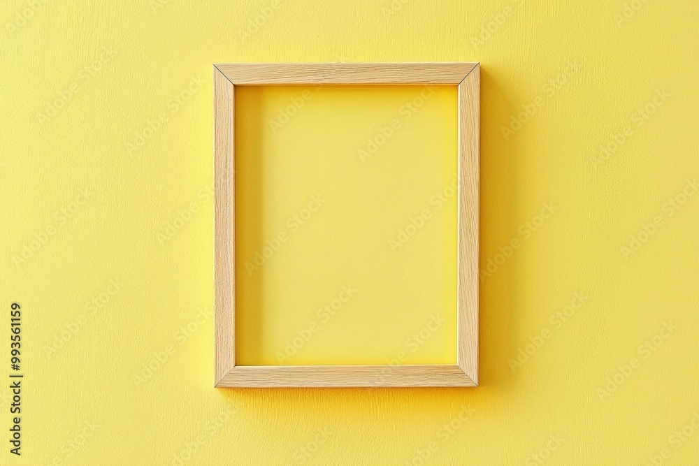 A pastel yellow background with a simple wooden frame in the center, its blankness contrasting the softness of the color. A pastel yellow background with a simple wooden frame in the center, its blankness contrasting the softness of the color.