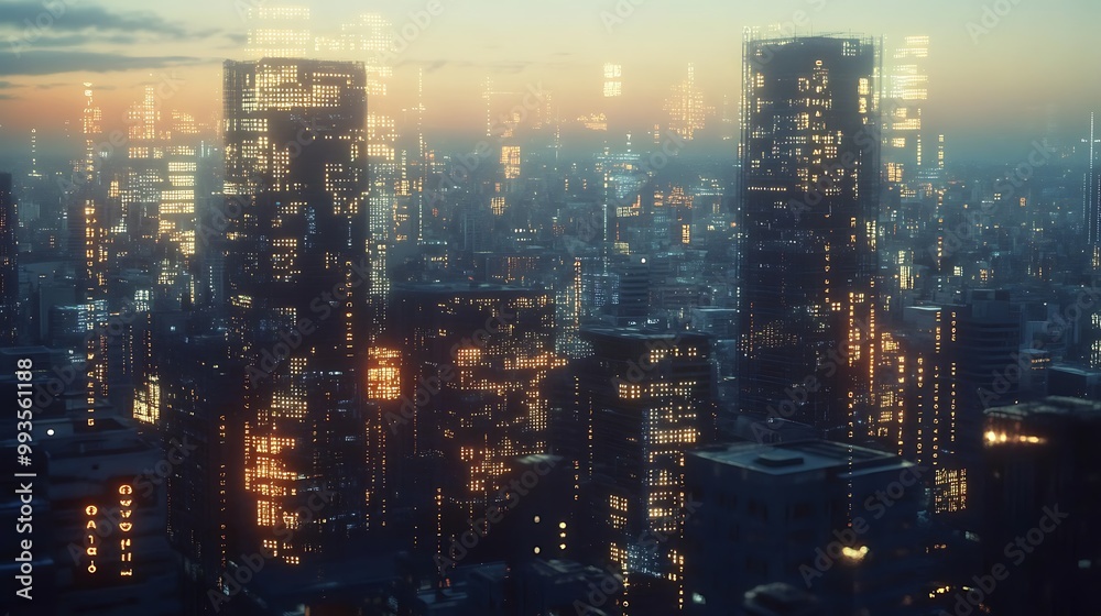 Fototapeta premium A futuristic cityscape at dusk with glowing lights and a hazy atmosphere.