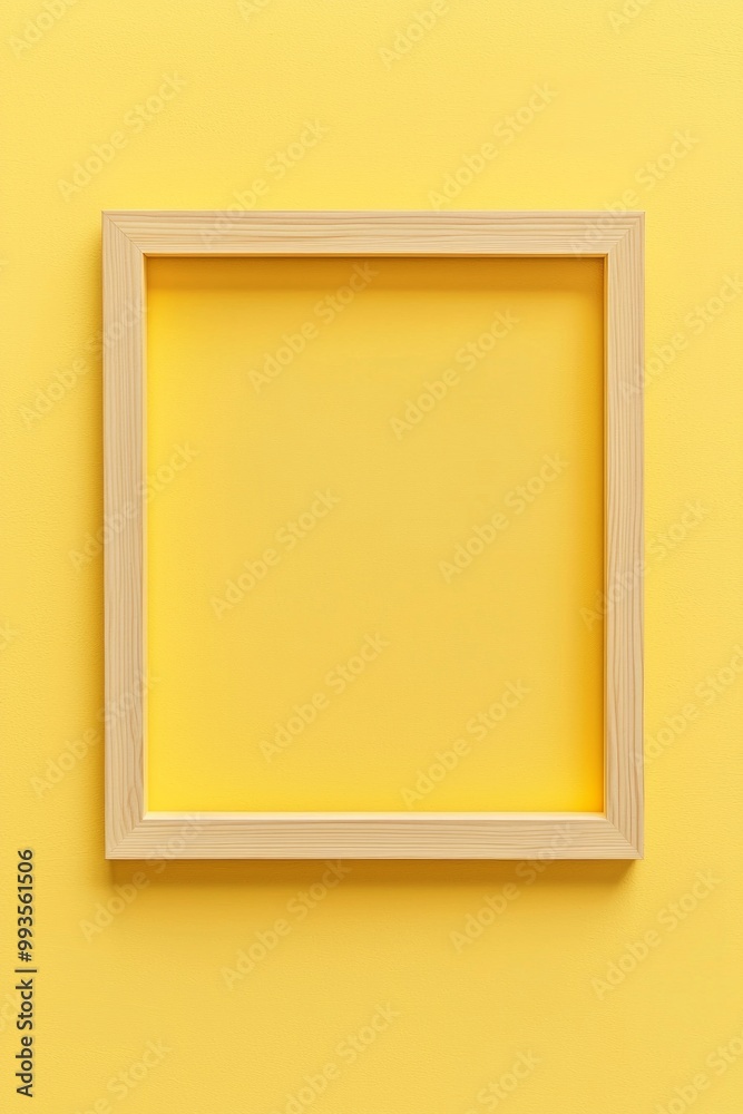 A pastel yellow background with a simple wooden frame in the center, its blankness contrasting the softness of the color. A pastel yellow background with a simple wooden frame in the center, its blankness contrasting the softness of the color.