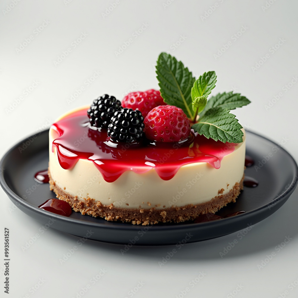 A cheesecake with berries and raspberries on a black plate with mint leaf A cheesecake with berries and raspberries on a black plate with mint leaf
