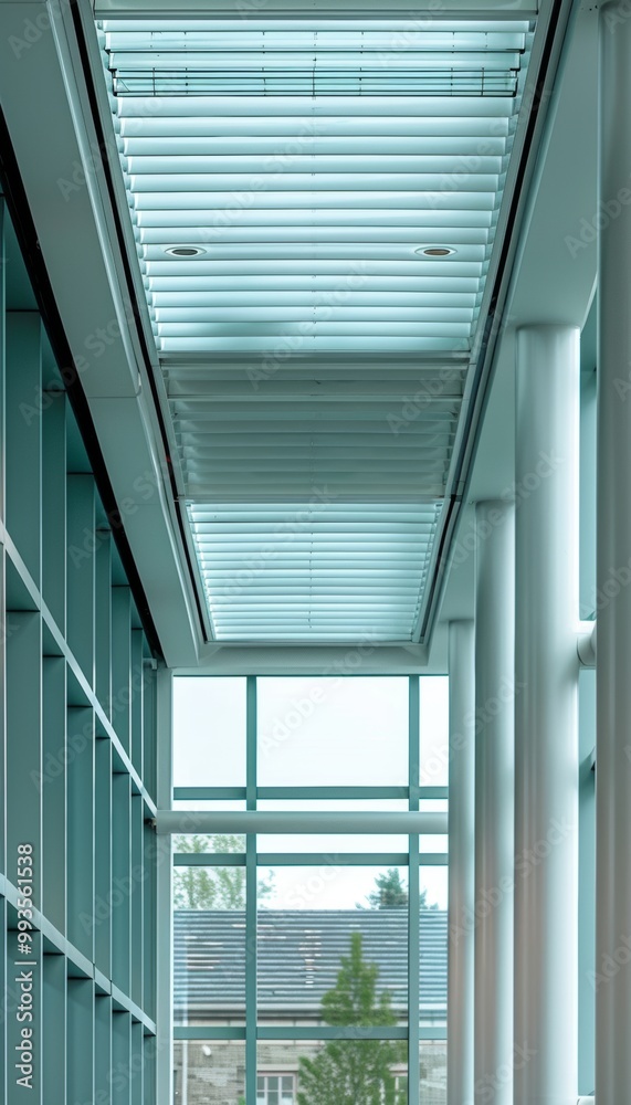 Modern building interior with a slatted ceiling and large windows. Modern building interior with a slatted ceiling and large windows.