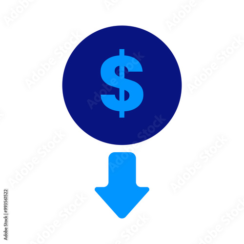 Dollar symbol with downward arrow, loss of value, financial decline, reduction in money, blue tones, downward movement, economic downturn, simple design, impact of financial changes.