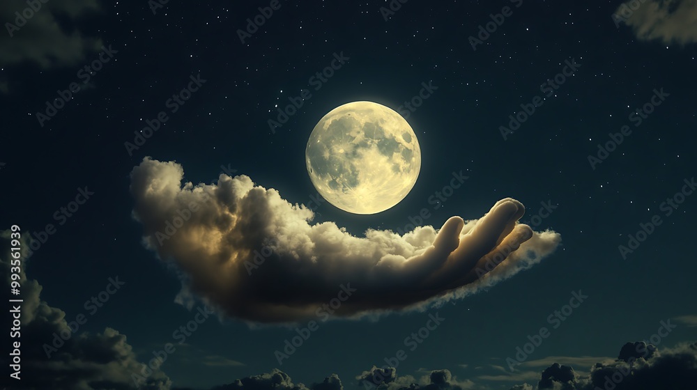 A large, full moon in the night sky is held up by a large, puffy cloud shaped like a hand. A large, full moon in the night sky is held up by a large, puffy cloud shaped like a hand.
