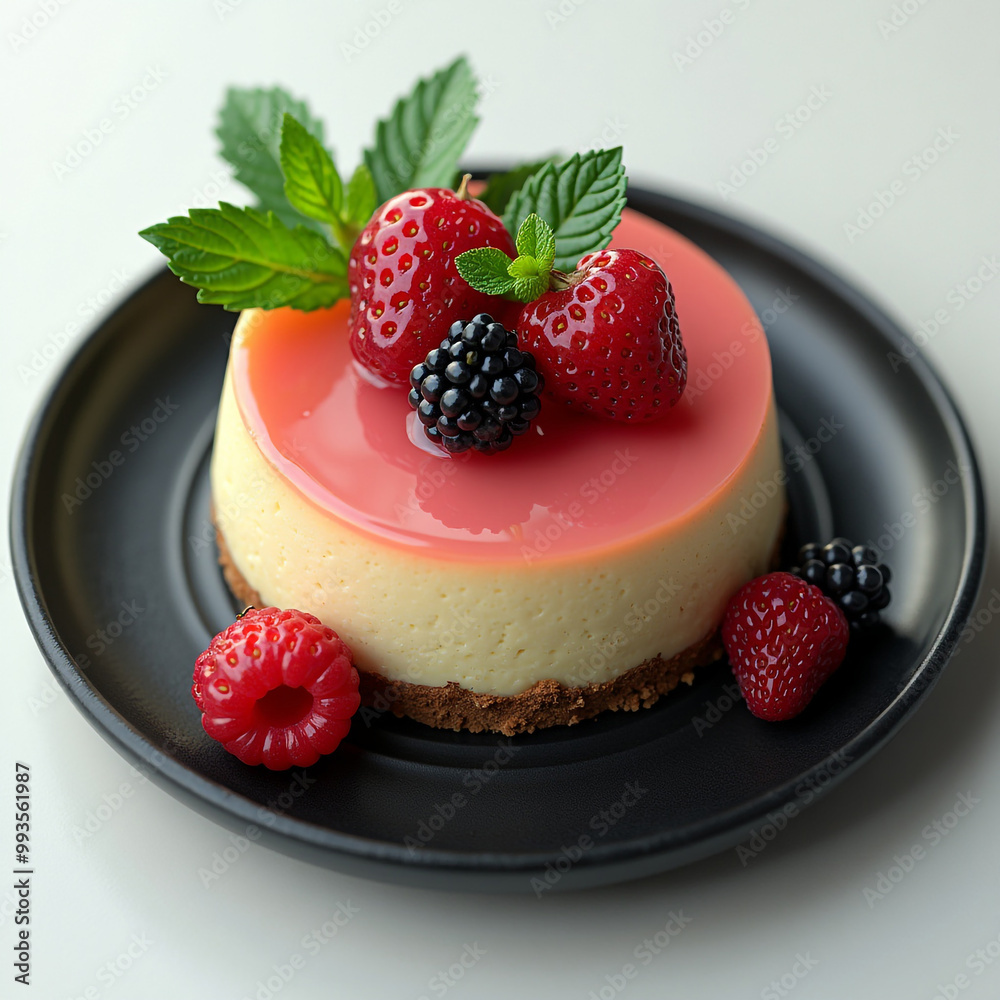A cheesecake with berries and raspberries on a black plate with mint leaf A cheesecake with berries and raspberries on a black plate with mint leaf