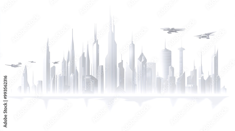 Naklejka premium A futuristic cityscape with three drones flying overhead.