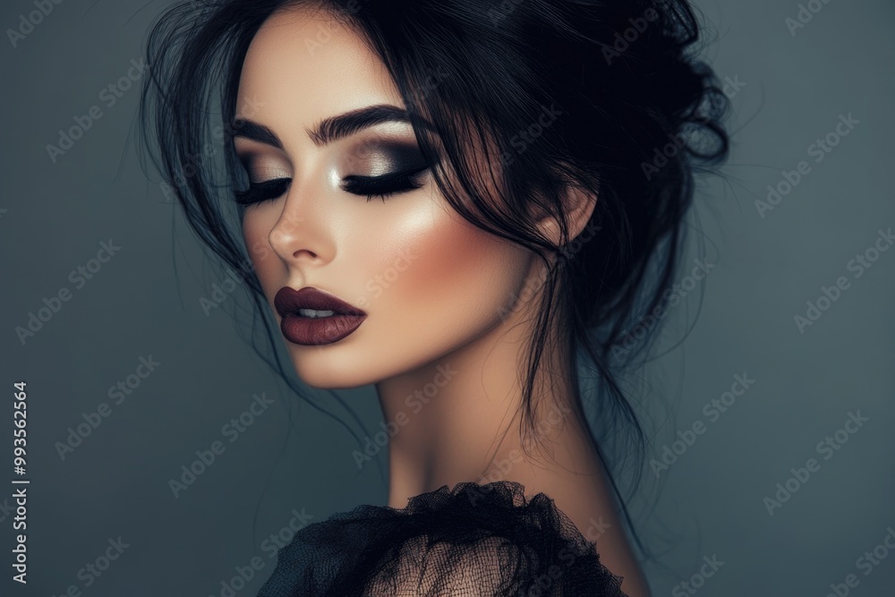 A beautiful woman with black makeup on her face, smoky eyes, and dark hair, isolated on a gray background. A beautiful woman with black makeup on her face, smoky eyes, and dark hair, isolated on a gray background.