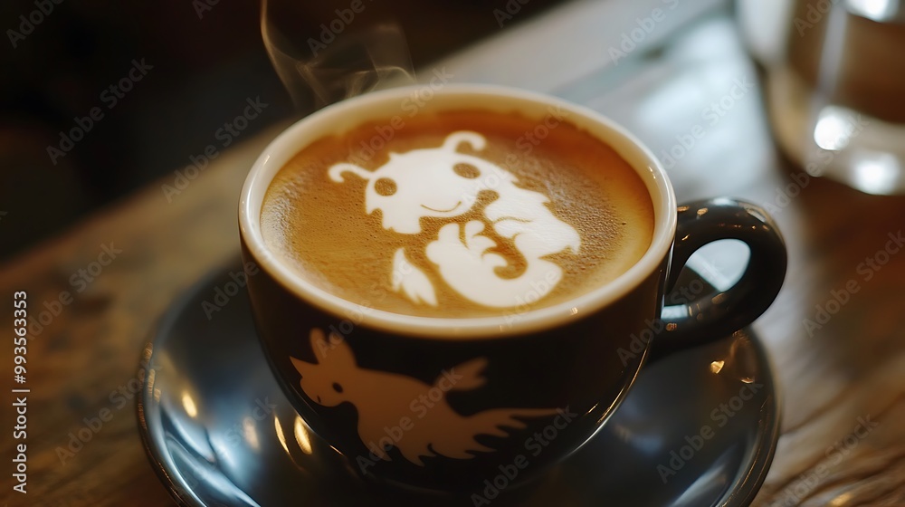 A cup of steaming coffee with latte art of a cartoon character on a wooden table.