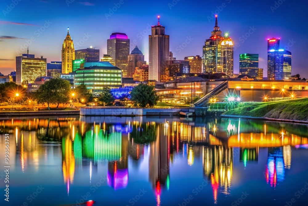 Naklejka premium Stunning Kansas City Skyline Illuminated at Night with Beautiful Lights and Reflections on Water