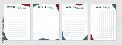 Set of winter sheets with cute wintry pattern. To do list, note, memo, checklist. Vector illustration for agenda, planners, notebooks, cards and other stationery. Layout A5