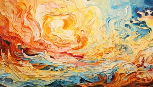 A mesmerizing abstract artwork depicting a swirling mix of fiery oranges, reds, and cool blues, creating a dynamic flow of colors. Ideal for projects needing bold, energetic visual impact.. AI