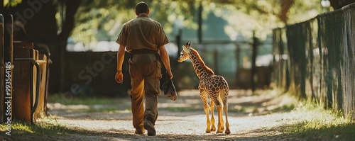 Zookeeper Guiding a Baby Gi...