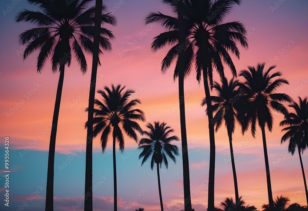 Naklejka premium Silhouettes of palm trees against a colorful sunset sky with vibrant orange, pink, and blue hues
