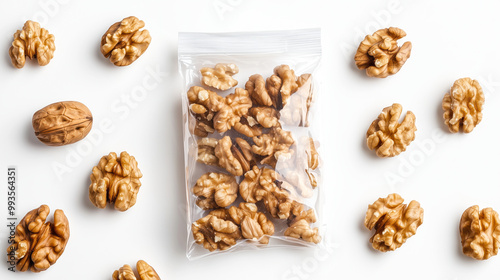 Snacks in Bag Lying Down with Walnuts, Showcased on White Desk.