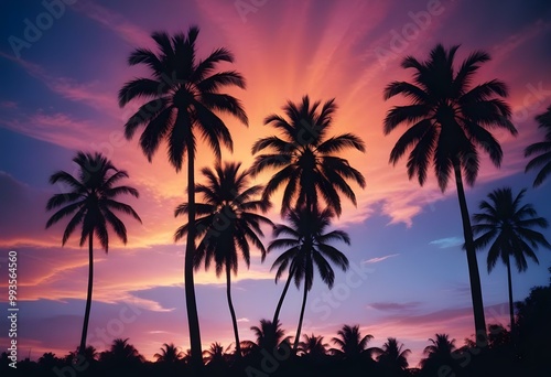 Silhouettes of palm trees against a colorful sunset sky with vibrant orange, pink, and blue hues