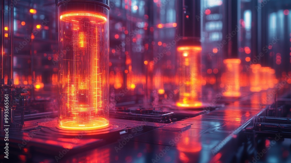 Obraz premium Glowing Tubes in a Futuristic Factory
